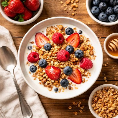 Granola with milk and berries