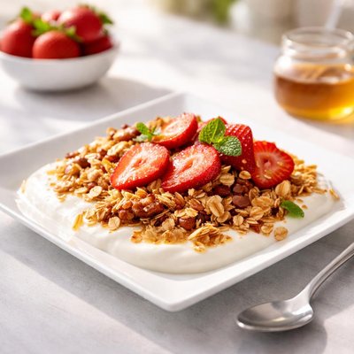 Granola with strawberries and yogurt