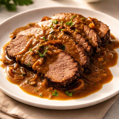 Gravy-covered meat slices