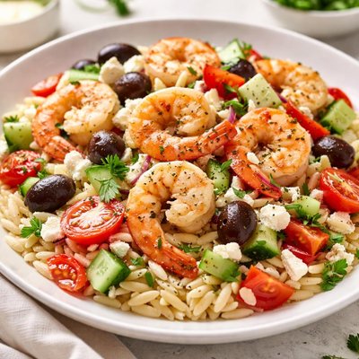 Greek orzo salad with veges feta and shrimp