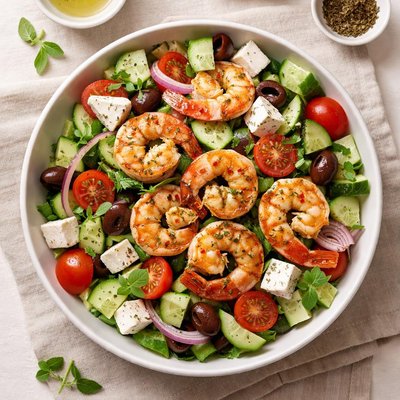 Greek salad with grilled shrimp