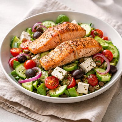 Greek salad with salmon