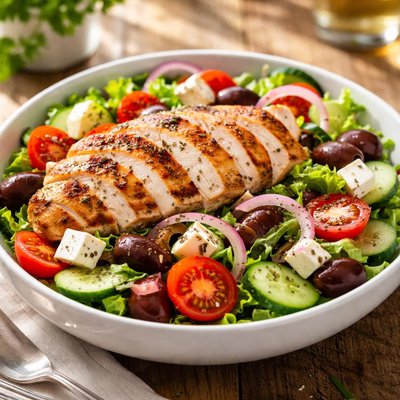Greek sallad with grill chicken breast
