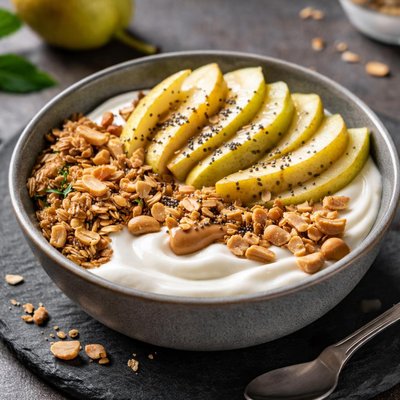 Greek yogurt peanut butter chia seeds pear bowl