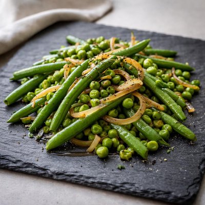 Green beans and peas with onions