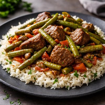 Green beans with lamb and rice