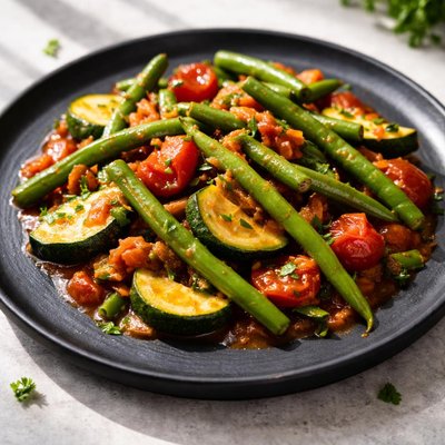 Green beans with tomato sauce and zucchini