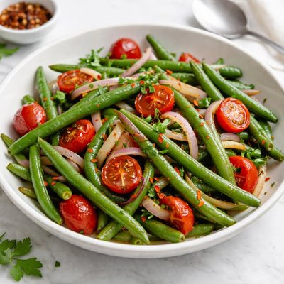 Green beans with tomatoes and onions