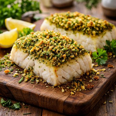 Green breadcrumbs roasted cod