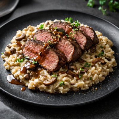 Green chef beef tenderlion with creamy risoto