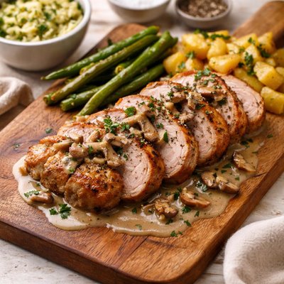 Green chef pork fillet with mushroom gravy