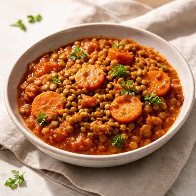 Green lentile and carrots in tomato sauce