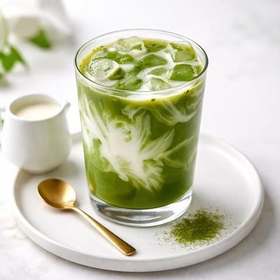Green matcha tea with creamer