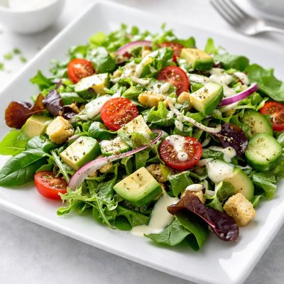 Green salad with avocado and ranch dressing