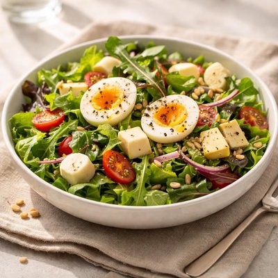 Green salad with boiled eggs and cheese