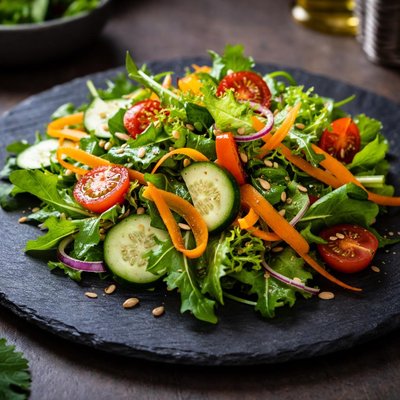 Green salad with carrots and cucumbers