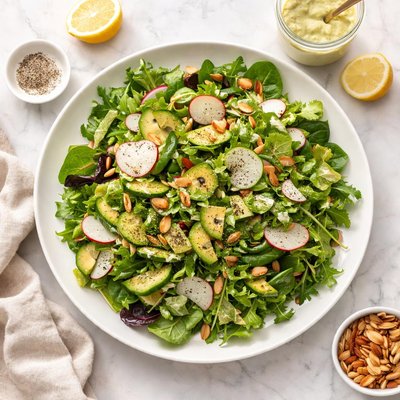 Green salad with creamy tea and lemon dressing