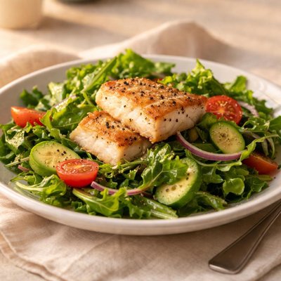 Green salad with halibut