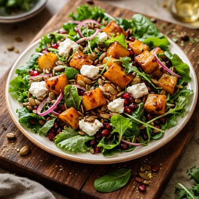 Green salad with roasted pumpkin and feta