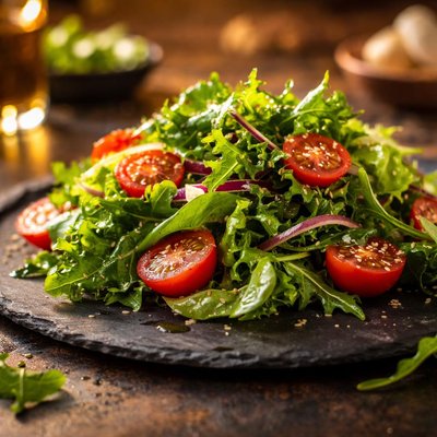 Green salad with tomato and dressing