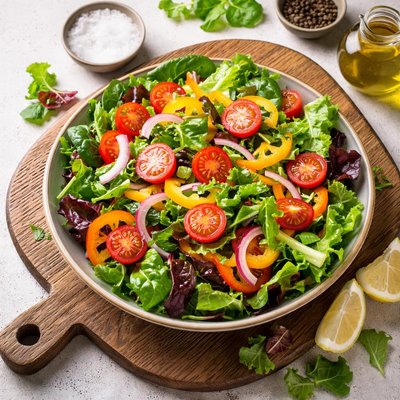 Green salad with tomatoes and bell peppers and salad leaves