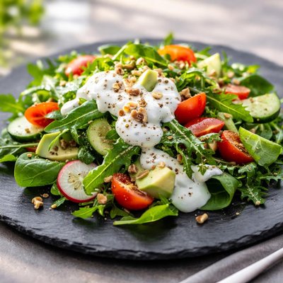 Green salad with yogurt dressing