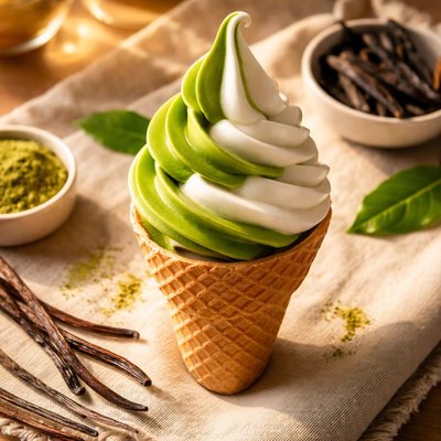 Green tea and vanilla soft serve ice cream