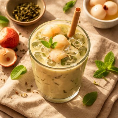 Green tea milk tea with lychee