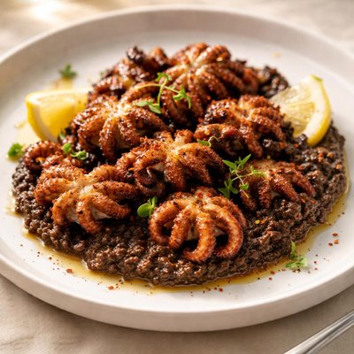 Grilled baby octopus with olive paste