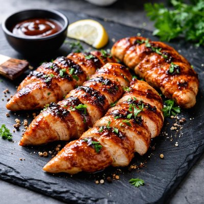 Grilled bbq chicken breast strips