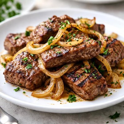 Grilled beef with onions