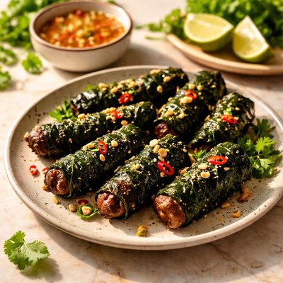 Grilled beef wrapped in betel leaves