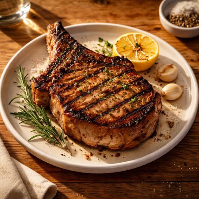 Grilled bone in pork chop
