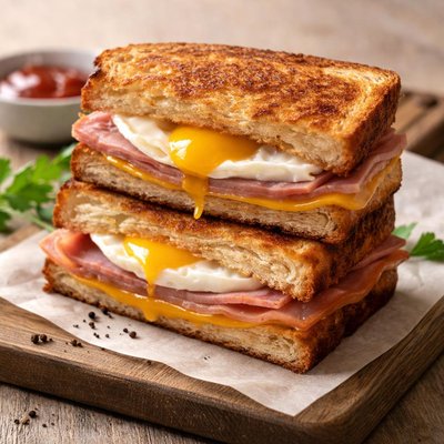 Grilled cheese sandwich with egg and ham