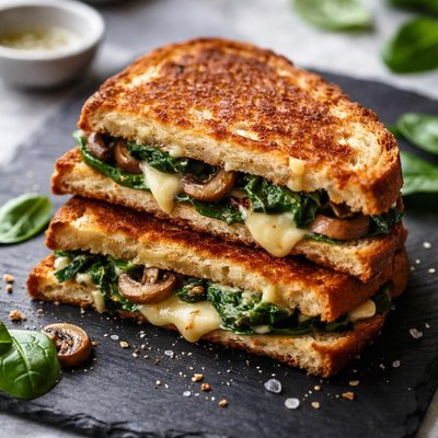 Grilled cheese sandwich with spinach and mushrooms