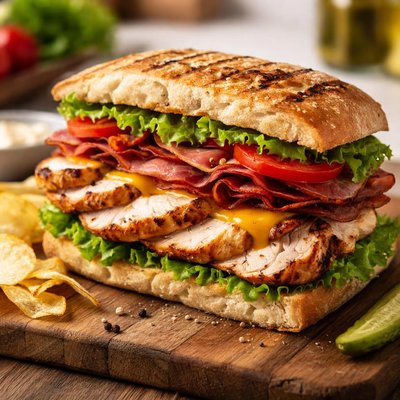Grilled chicken and pastrami sandwich
