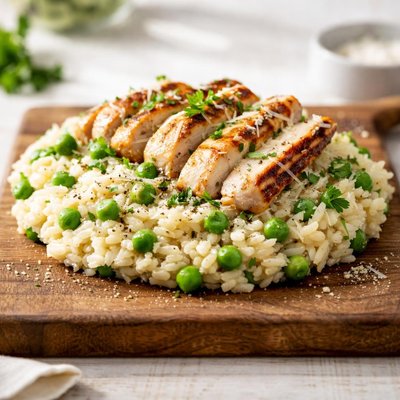 Grilled chicken and peas risotto