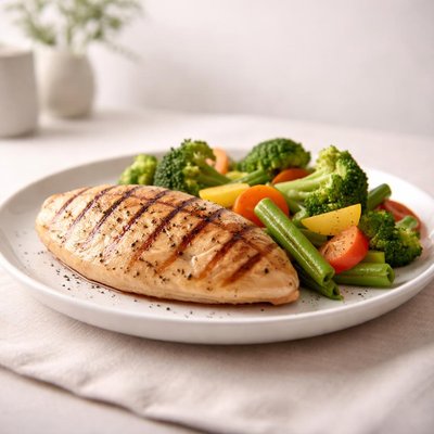 Grilled chicken breast and steamed vegetables
