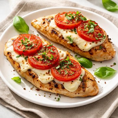 Grilled chicken breast with cheese and tomato