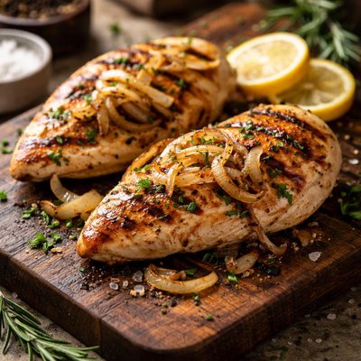Grilled chicken breast with onions