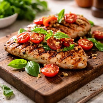 Grilled chicken breast with tomatoes and basil
