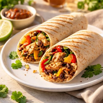 Grilled chicken burrito with peppers and onions and a gluten-free wrap