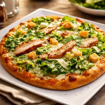 Grilled chicken caesar salad pizza