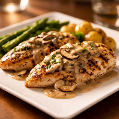 Grilled chicken in mushroom sauce