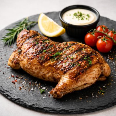 Grilled chicken leg with skin but no bone