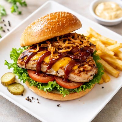 Grilled chicken sandwich with cheese and barbecue sauce