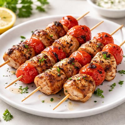Grilled chicken skewer with tomatoes