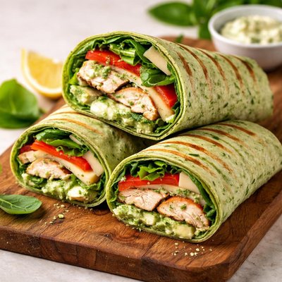 Grilled chicken spinach wrap with swiss cheese and pesto mayo