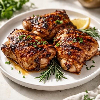 Grilled chicken thigh with skin on with bone