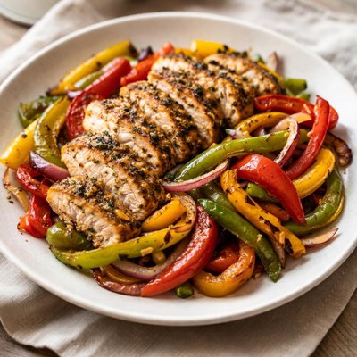 Grilled chicken with bell peppers and onions
